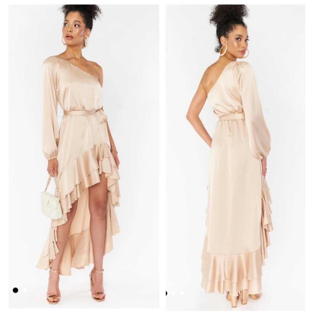 show me your mumu stunner high low dress champagne luxe satin, women size large